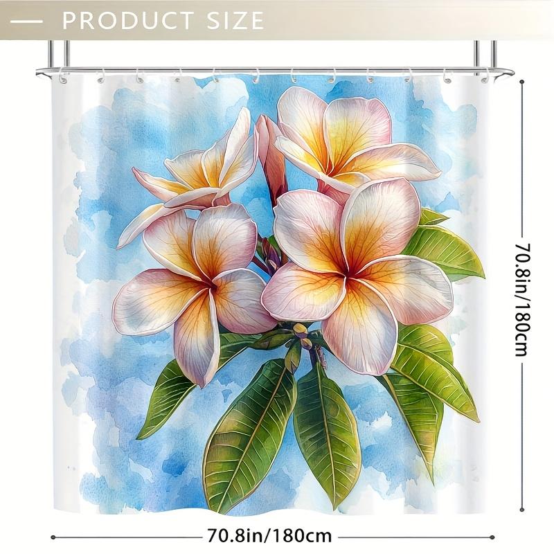 1pc Watercolor Plumeria Shower Curtain - Blue, Pink, Yellow & Green, 71x71 Inch, Polyester, 12 Hooks, Hand Wash, Bathroom Decor