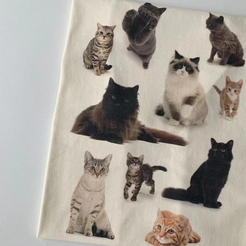 A Lot of Cute Cats Printed Round Neck T-shirt for Men and Women Retro Pure Cotton Summer Fashion Trend Casual Comfy Short Sleeve Top Harajuku