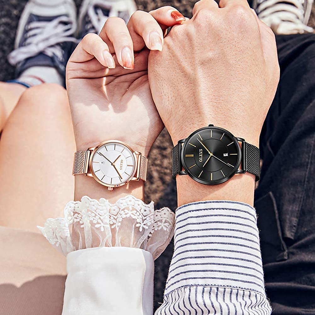 OLEVS Popular Japanese Quartz Mesh Perfect Gift for Day Couple's Watches, Gift, Ultra-Thin Movement, Design, Her, Valentine's (Black & White)