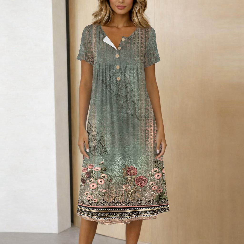 Women's Fashionable Retro Printed Round Neck Short Sleeved Button Neck Mid Length Casual Dress