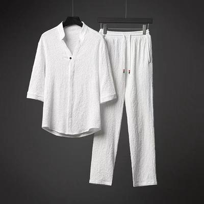 Trendy Pánský Luxusní Ultratenký Oblekový Sako Kalhoty 2dílný Set Materiál Ledové Hedvábí Lehký Letní Volný střih