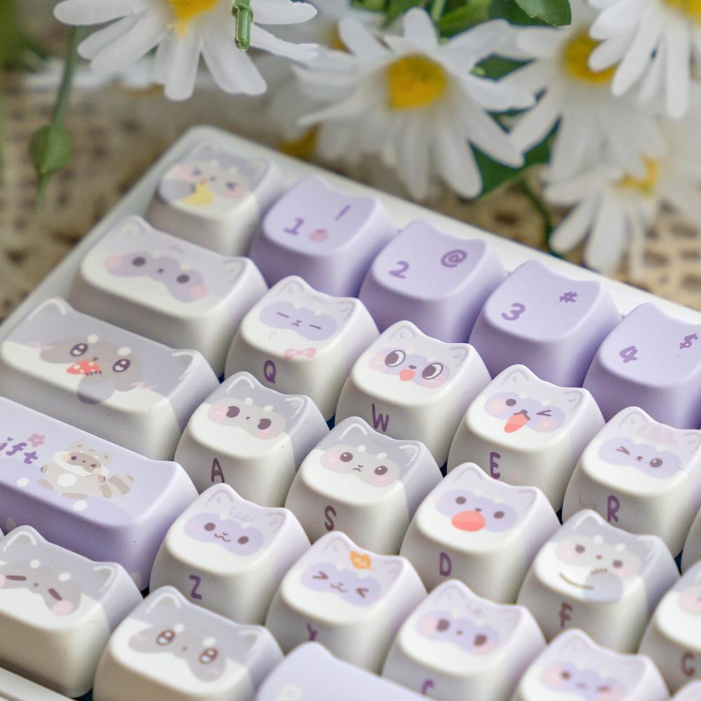 MAIMOOO 141 Lilac Keycaps Cute Raccoon MAO PBT Full Five-Sided Sublimation Mechanical Keyboard DIY Light Purple Cat Keycap Gift