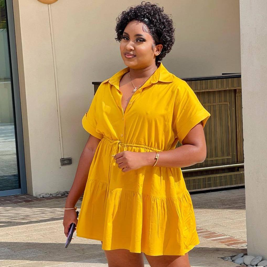 European and American women s clothing design sense niche solid color dress African new temperament high sense waist thin short skirt women S жёлтый