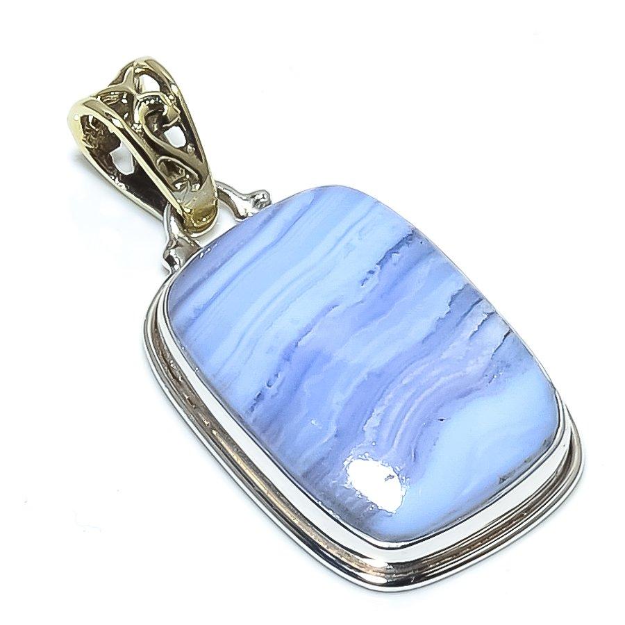 Natural Blue Lace Agate Gemstone 925 Solid Sterling Silver Pendant 1.50" V3w49