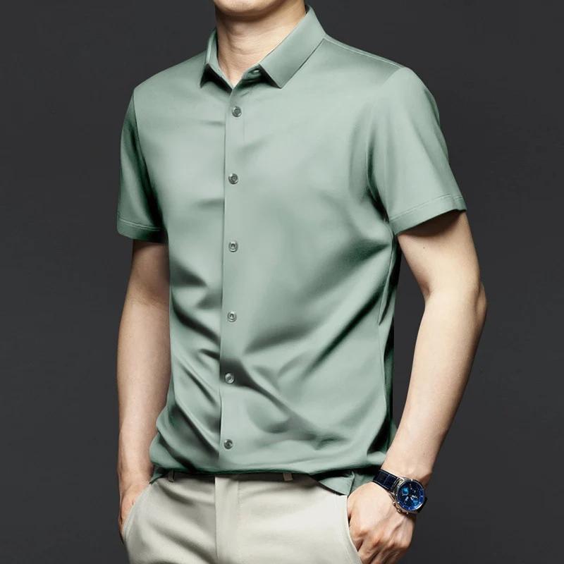 2026 New Spring Summer Men's Shirt Non-Ironing Anti-Wrinkle Business Casual Solid Color Elastic Smooth Short Sleeves Work Shirt