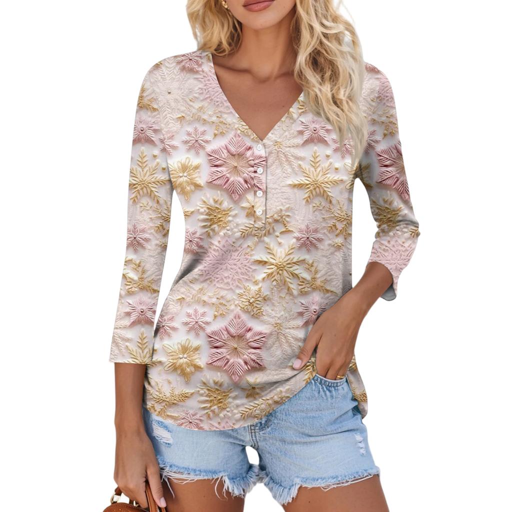 Women's Casual Fashion Sexy Comfortable Christmas Print V-Neck Button Three-quarter Sleeve Top
