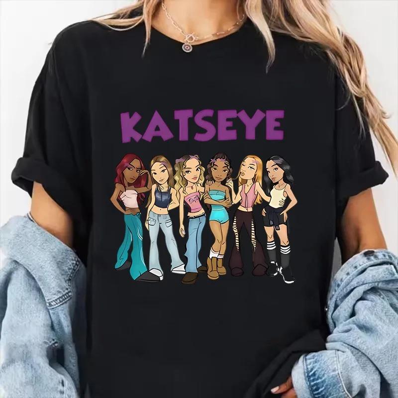 Womens Katseye Print Casual T Shirt Gothic Y2k Tshirt Women Korean Style Graphic Tee Tops Crew Neck Short Sleeve Tshirt Clothes