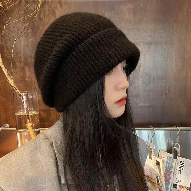 Wool knitted hat women's new autumn and winter thickened warm wool hat big head circumference showing small face cold hat