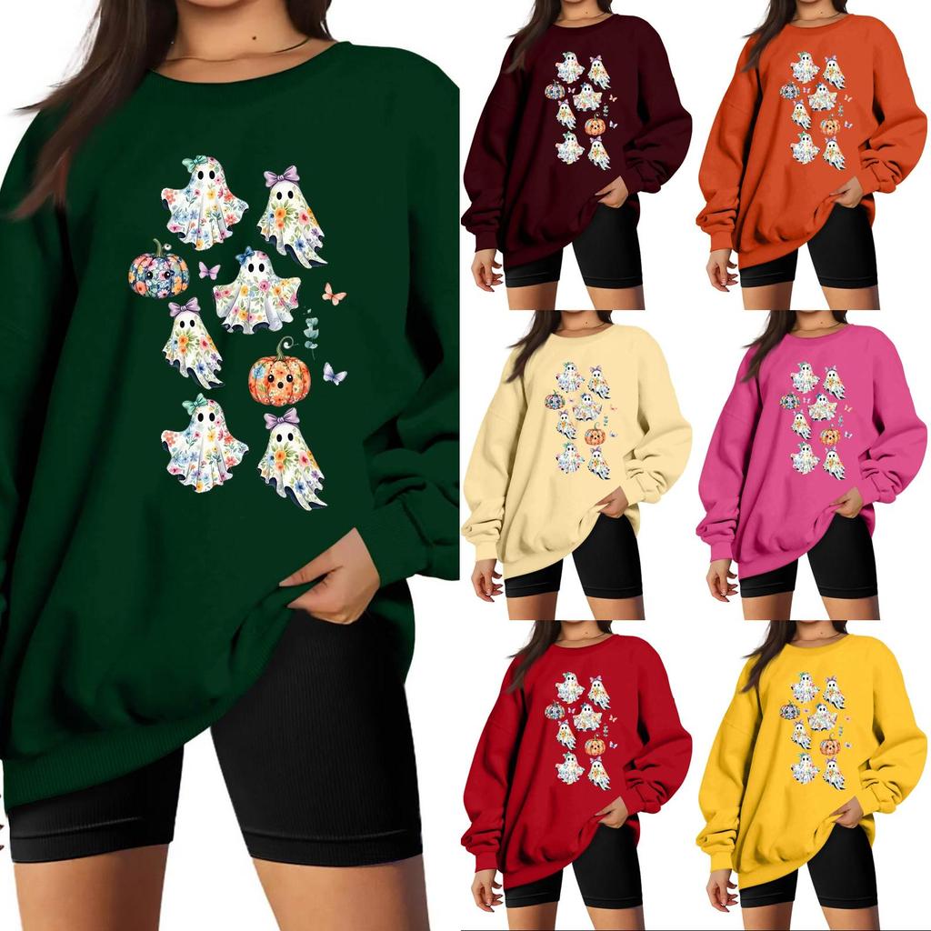 Women's Comfortable Casual Sweatshirt with Long Sleeve, Round Neck, Loose Fit, Small Halloween Print and Color Options