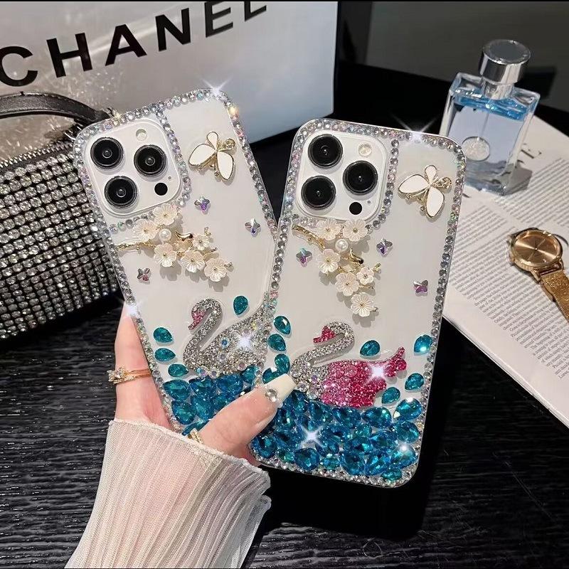 Mobile Phone Case Swan Suitable for Samsung S23 S24 Luxury Rhinestone Iphone17pro Max Transparent Silicone