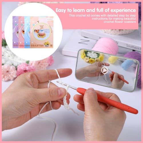 Beginner Crochet Kit, 4-Piece Coaster Plant Pot Crochet Kit, Crochet Starter Kit with Crochet Hooks and Yarn, Easy Video Tutorial for Office, Coffee T