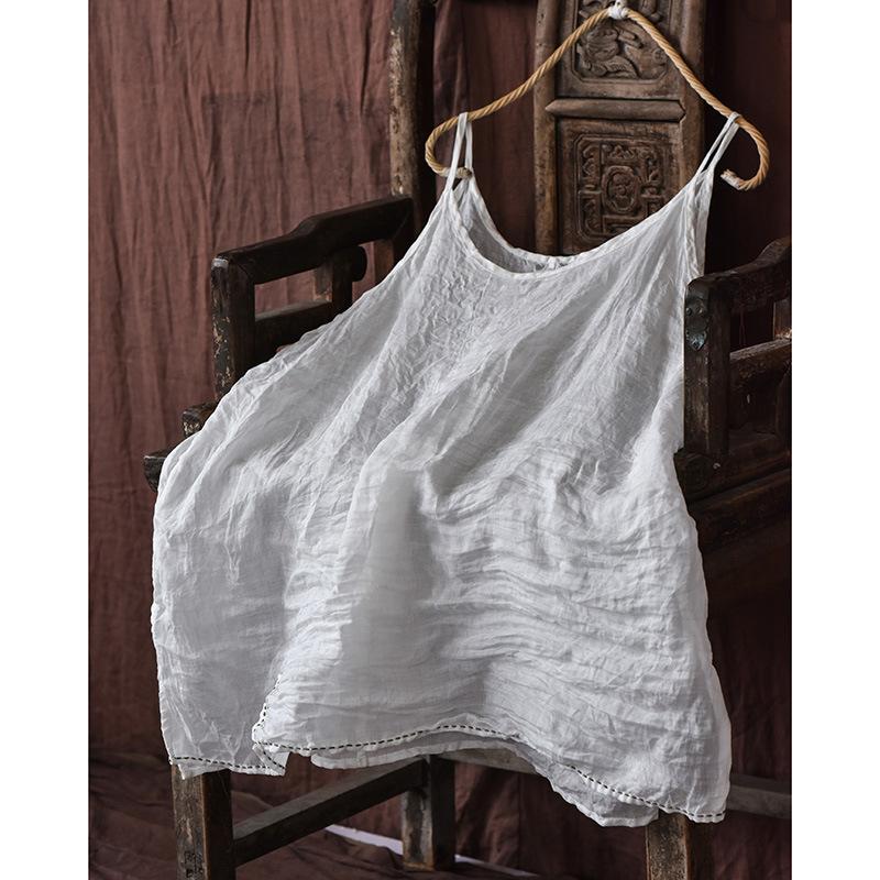 Women Vintage Solid Color Camis Summer Casaul Simple Loose Ramie Tops