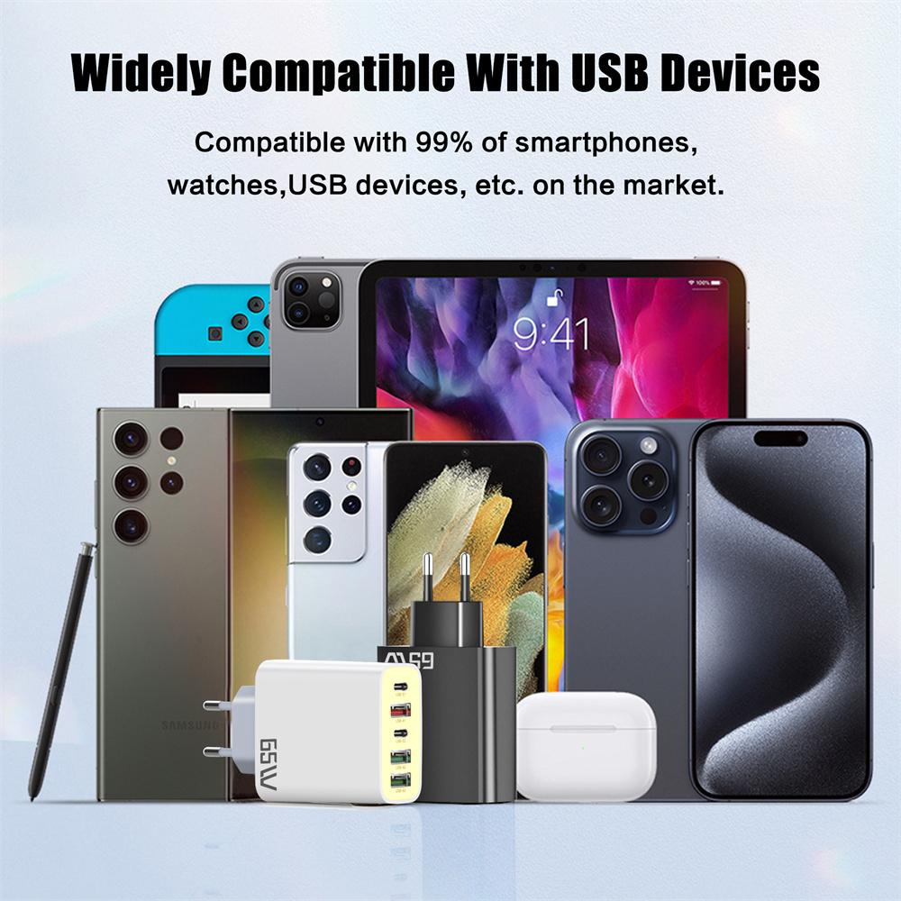 65W 5 in 1 USB PD Charger Type C Fast Charging Phone Charger Adapter for IPhone Samsung Xiaomi Huawei EU/US/UK Plug Wall Charger