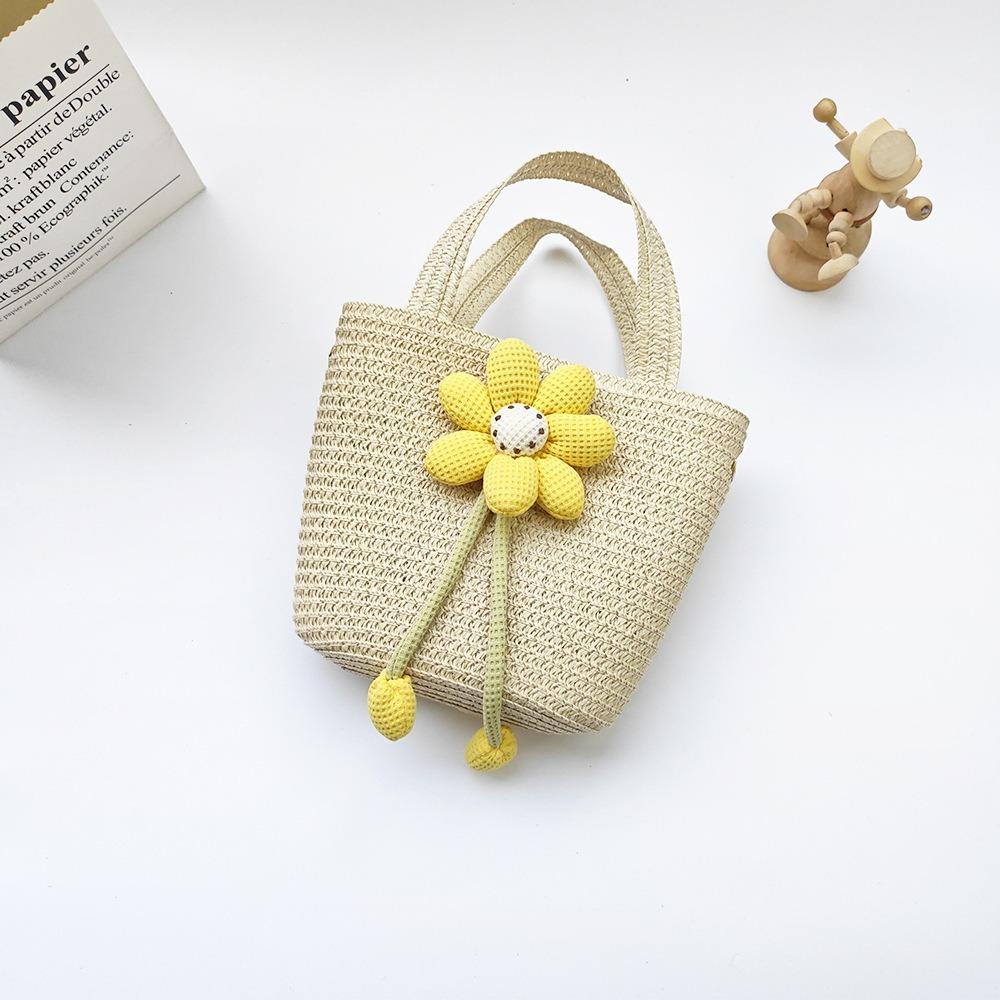 Cute Handmade Woven Straw Bag Bowknot Breathable Storage Basket Flower Coin Purse Kids Girls