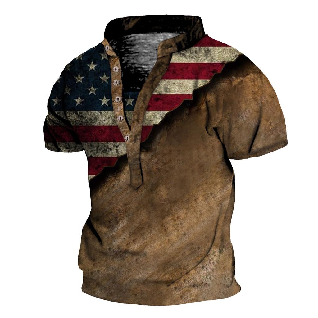 Men's Vintage Outdoor Hiking Short Sleeve Printed T-Shirt Breathable Button V Neck Short Sleeve Top