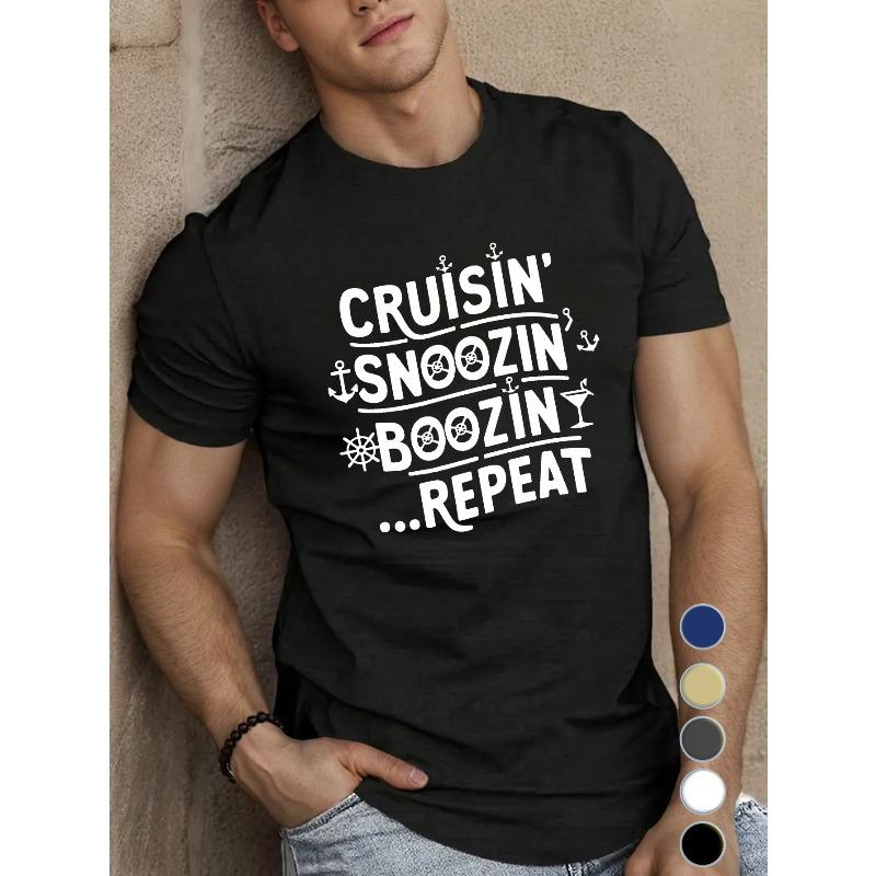 European sizes Men s Crew Neck T-Shirt - Casual Summer Knit Fabric Top with Geometric Pattern, CRUISIN SNOOZIN BOOZIN REPEAT Print S чёрный