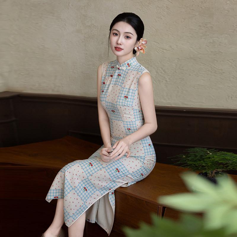 Plaid Sleeveless National Style New Chinese Daily Suzhou Long Cheongsam Improved Young 1011 New Women's High Sense