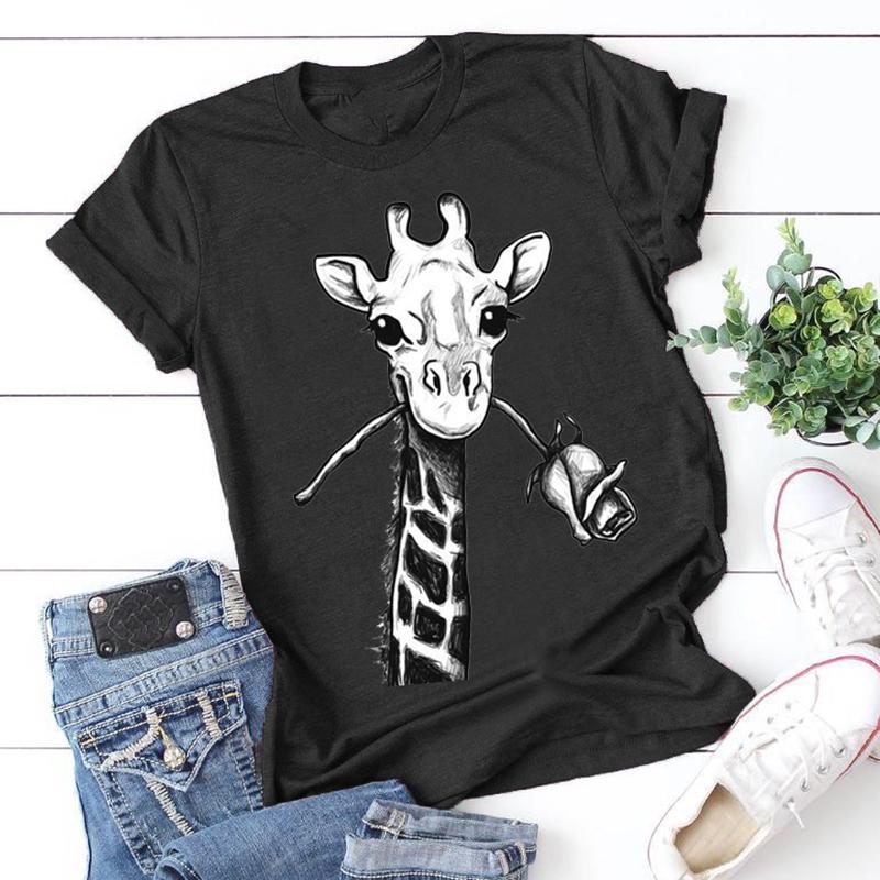 Summer Fashion Blouses Giraffe Print T Shirts Short Sleeve Tops Cotton Casual Tee
