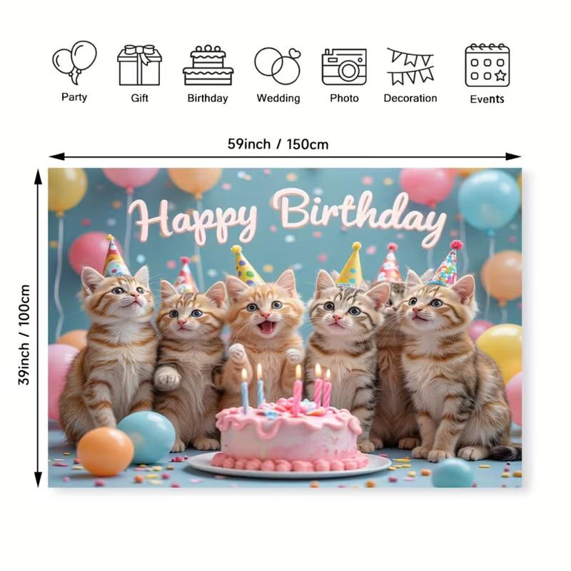 Tela de Fondo 2D Feliz Cumpleaños Gatitos, Fondo Azul para Fiesta para Vlog y Transmisión en Vivo