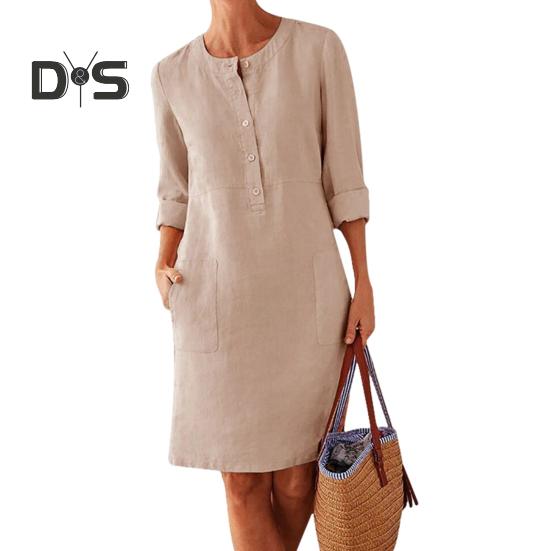 Podzim Jarní Dámské šaty s kulatým výstřihem Jednobarevné Knoflíky Volné Dlouhé rukávy Nášivka Kapsa Délka ke kolenům Neformální šaty na denní nošení
