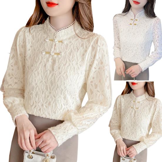 Women Tops Long Sleeve Lace Spliced Slim Fit Half High Collar Pullover Tops