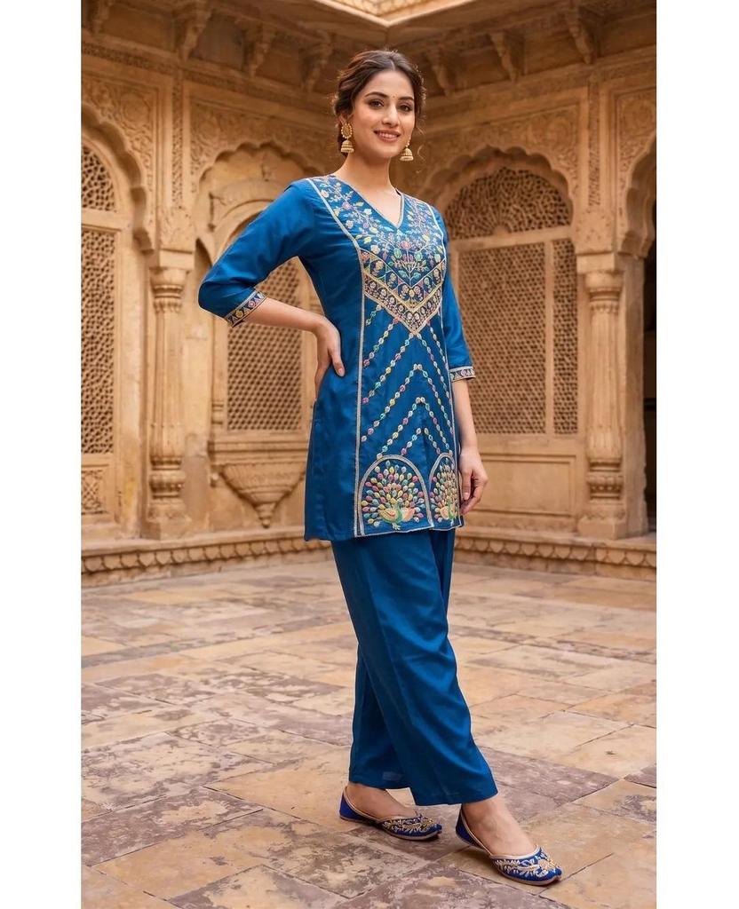 Women Polyester Ethnic Top Pant Set Party Wear Bollywood Tunic Kurti Cord Set Dress