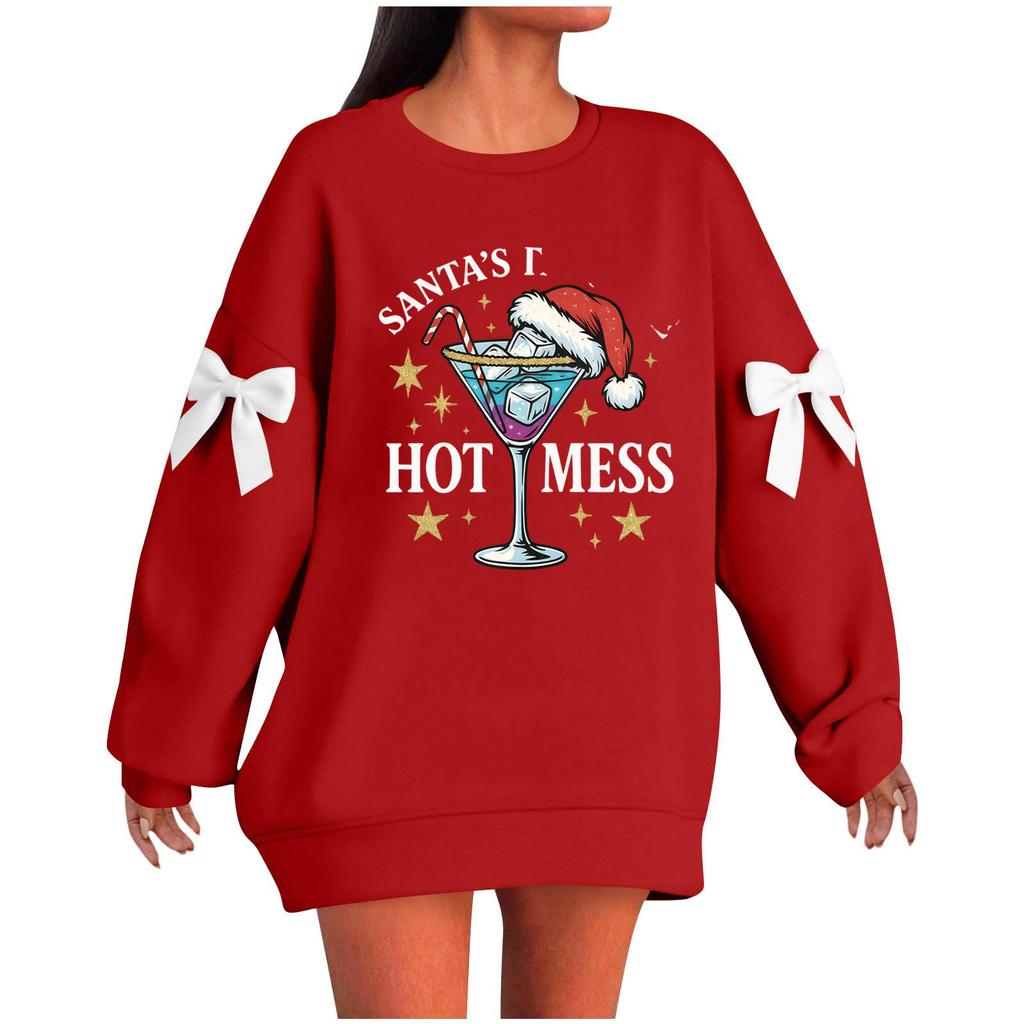 Ladies' Christmas Printed Bow Round Neck Long Sleeved Loose Pullover Sweater Sweatshirt Top