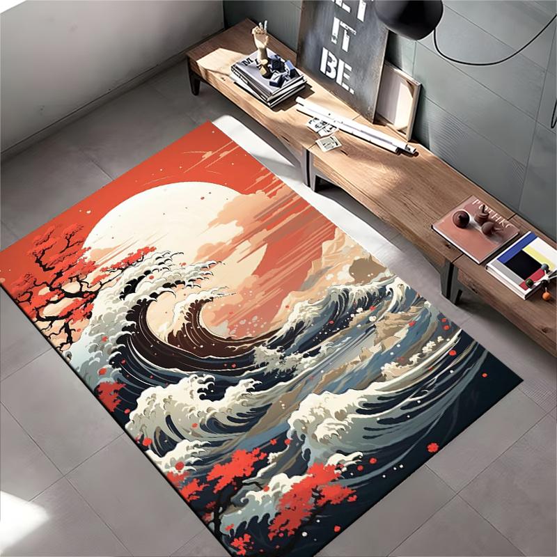 Red Sunset, Ocean Waves, and Tree Art Rug Non-slip Rug Suitable for Living Room and Bedroom Sofas