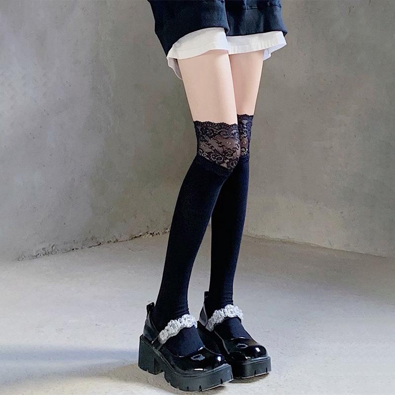 White Lace Thigh-High Stockings with Long Boots - Pure & Sexy Style for Women, Inspired by Japanese Influencers, Perfect for Spring/Autumn.