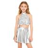 Kids Girls Stage Performance Set: Shiny Sequin Tiered Backless Crop Top & Metallic Ruffled Skirt for Dance Shows
