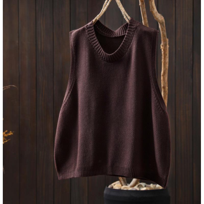 Women's Crew Neck Sleeveless Loose Fit Retro Knit Vest Loose Fit Layering Waistcoat