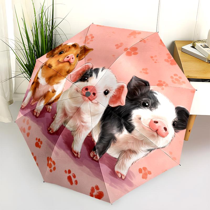 Pink Piglet Pattern, Automatic Folding Umbrella, Portable and Foldable Design, 8 Ribs, a Christmas or Birthday Gift.