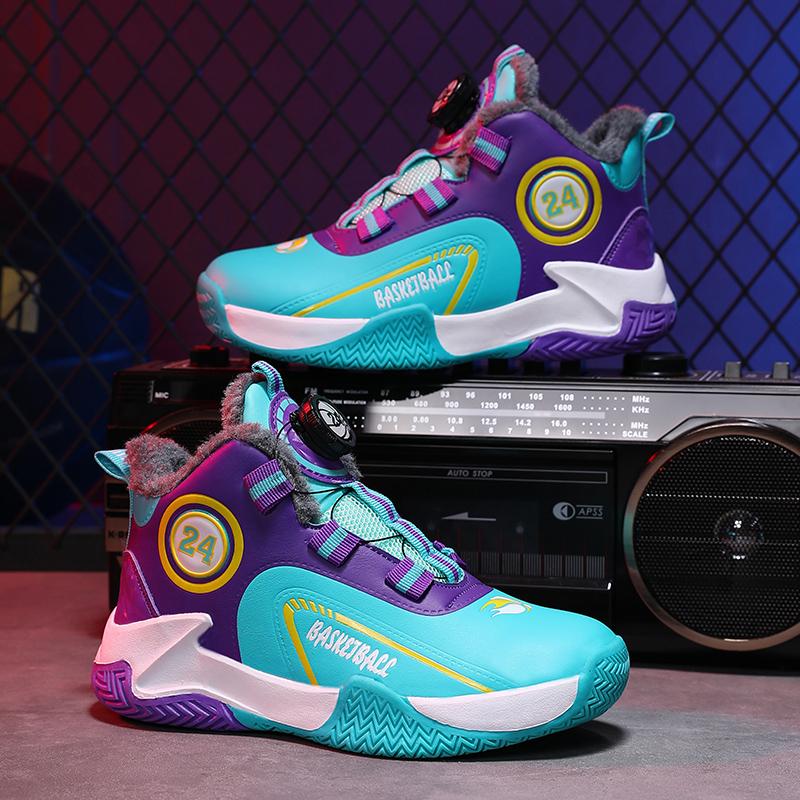 Autumn/Winter Warm Boys' Leather Rotating Buckle Basketball Shoes with Velvet, Children's Sports Professional Basketball Shoes