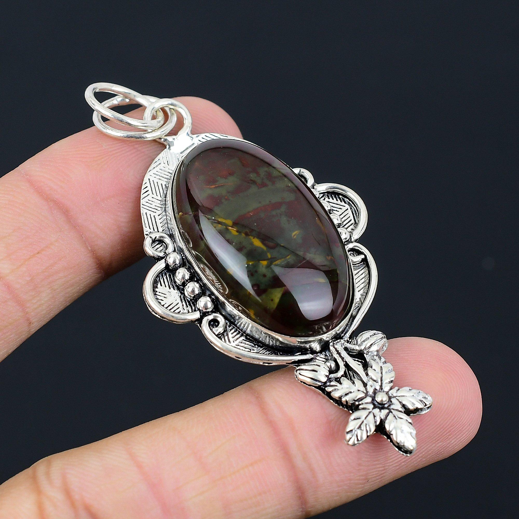 Gift For Women Pendant Flower 925 Sterling Silver Natural Bloodstone Gemstone
