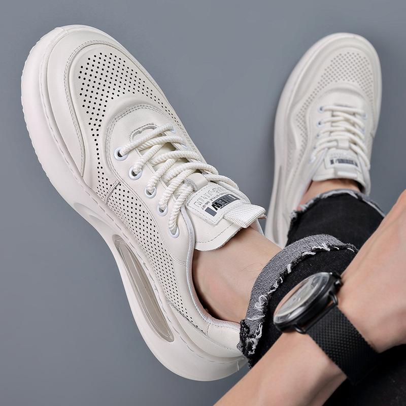 Fashion Summer Genuine Leather Hallow White Sneakers for Men Fashion Casual Air Cushion Platform Shoes Male Lace Designer Shoes Man