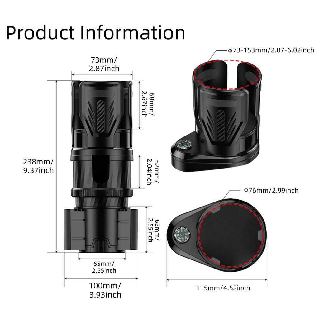 Car Cup Holder Expander Dock with Compass Compatible for One Existing Cup Holder-Upgrade To Two Holders,360°Adjustable Noise-Free Cup Holder Expansion