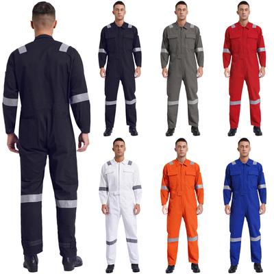 Adult Unisex Cotton Work Overalls Reflective Strips Multi-pocket One-piece Jumpsuit Dustproof Dungarees Coveralls