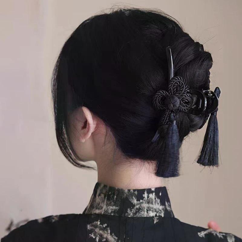 1Pcs New Chinese Style Hand Woven Knot Tassel Clip Elegant Dignified Cheongsam Hanfu Braided Updo Hair Accessories