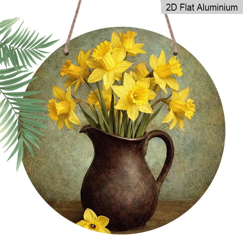 2D Flat Aluminum Retro Daffodil Wall Art Rustic Country Style 7.87 Inches X 7.87 Inches Perfect for Gardens, Farmhouses, Cafes, Living Rooms