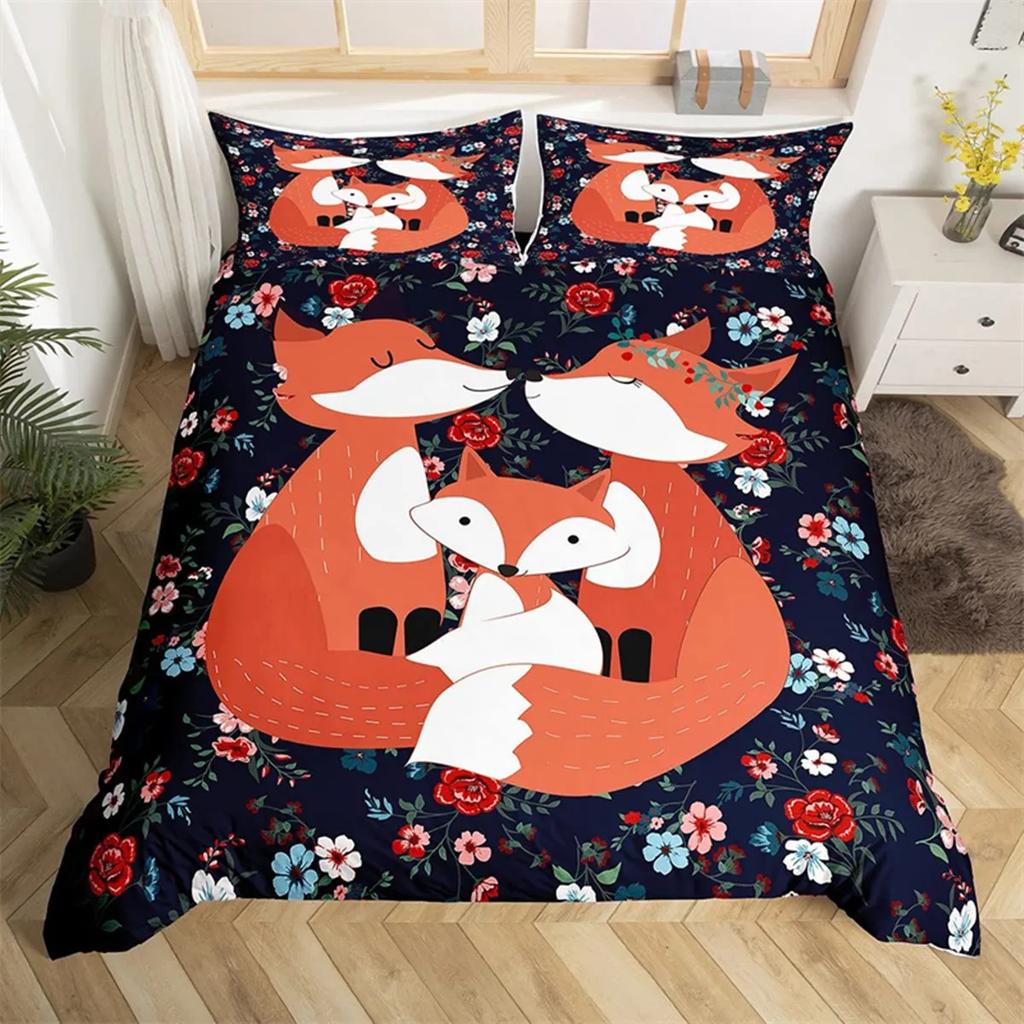 Tecknad Räv Påslakan Kawaii Djur Höstlöv Lönnlöv Tema Skogsdjur för Barn Kvinnor Flickor Sovrumsinredning
