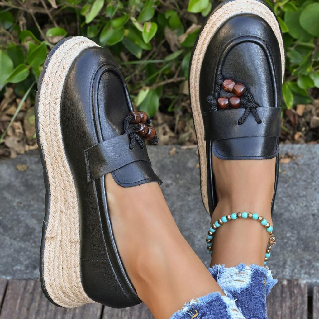 2025 new foreign trade 2025 hemp rope sole sponge cake wedge heel fringed decorative single shoes large size loafers