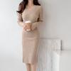 Autumn Vintage V-neck Waist Design Slim-fitting and Thin Hip Skirt Long-sleeved Women's Knitted Dress