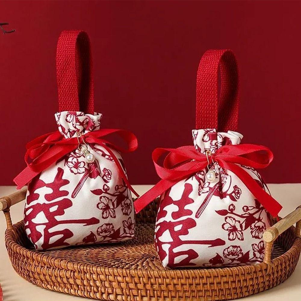 5pcs Chinese Style Drawstring Bag Flowers Gift Packing Bag Fashion Wrist Hand Bag Female/Girls