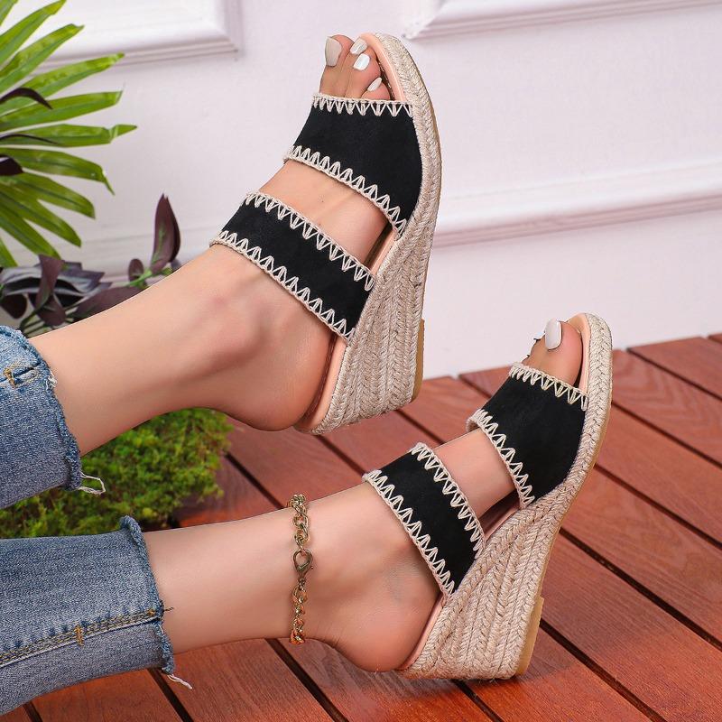 Large Size Hemp Rope Slope Heel Slippers Women's Summer New Hot-selling Thick Bottom One-word Slippers