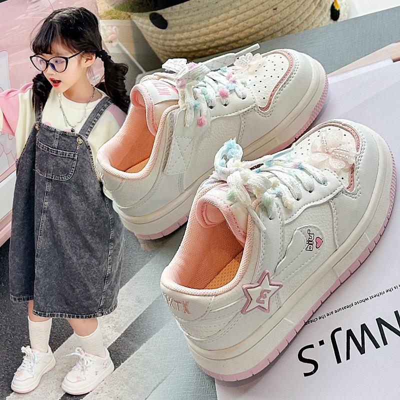 Girls Chunky Sneakers With Floral Print PU Leather Casual Shoes Kids Ages 4-12 Rubber Sole