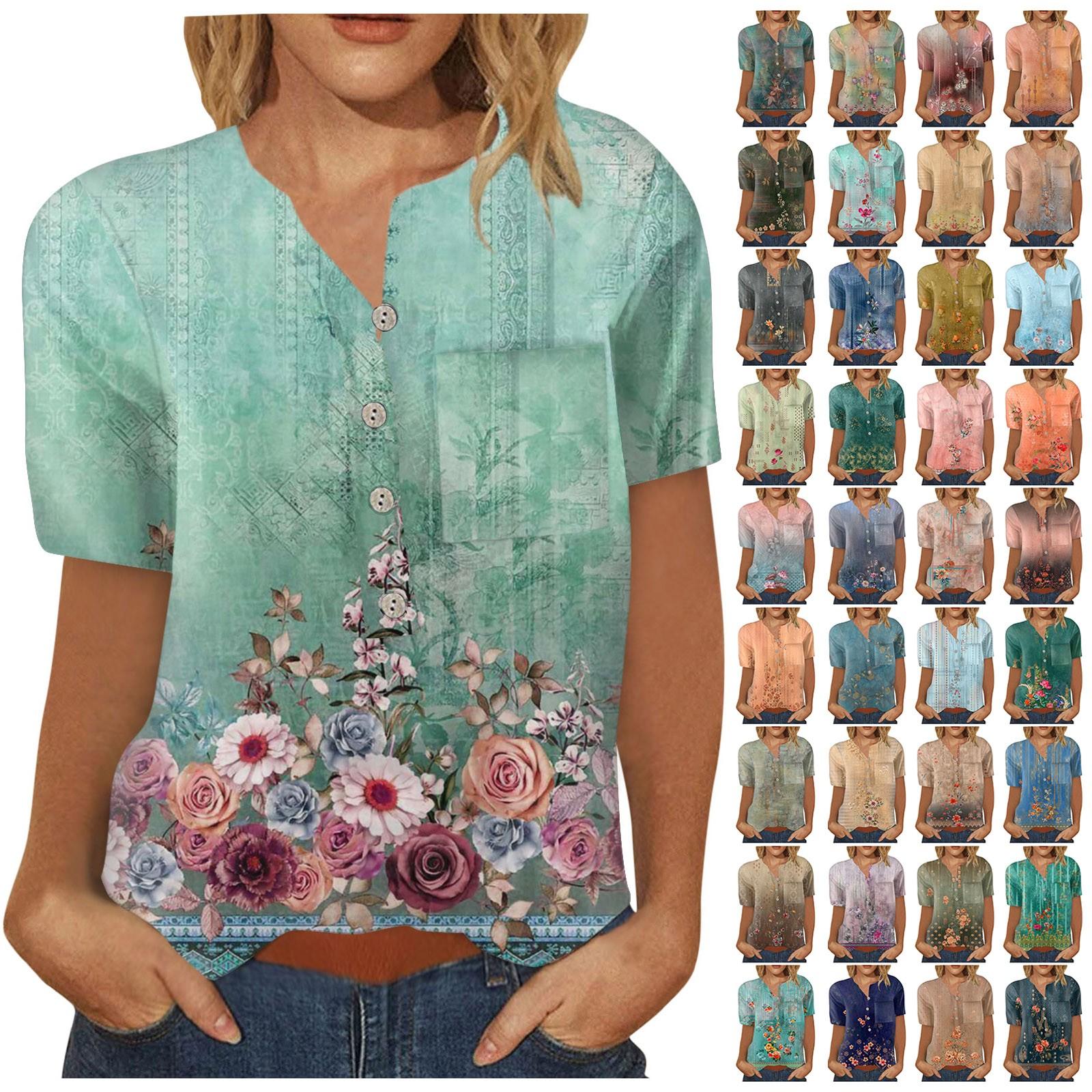 

Женская однобортная рубашка с короткими рукавами и карманами в стиле ретро с цветочным принтом