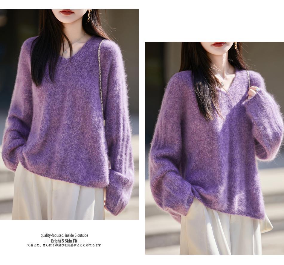 2026 V-neck Brushed Yarn Cashmere Women's Sweater Coat with Fur Trim
