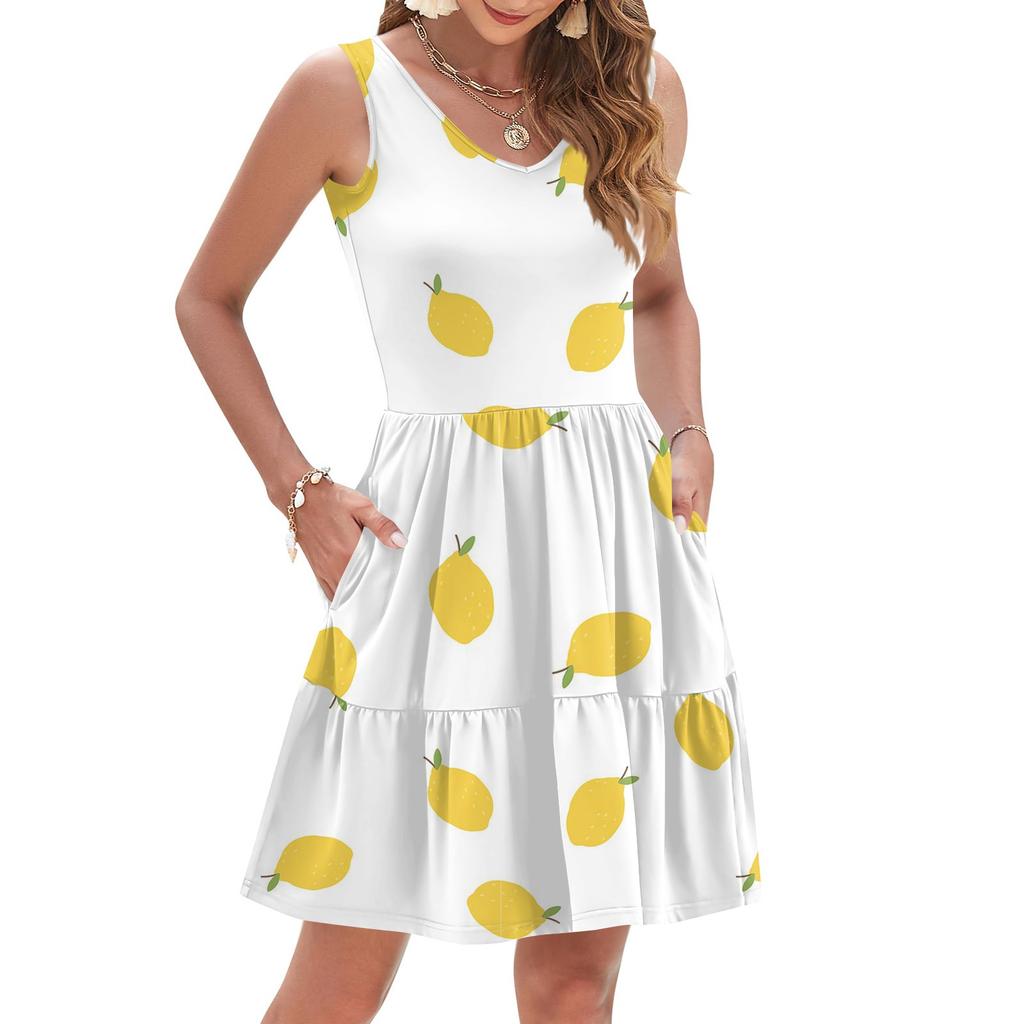 Women's Summer Fashion Casual V-Neck Pleated Stitching Hawaiian Floral Print Sleeveless Pocket Vest Dress