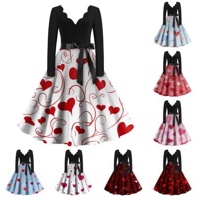 Women's Casual Fashion Valentine's Day Printed V-Neck Retro Long-Sleeve Dress