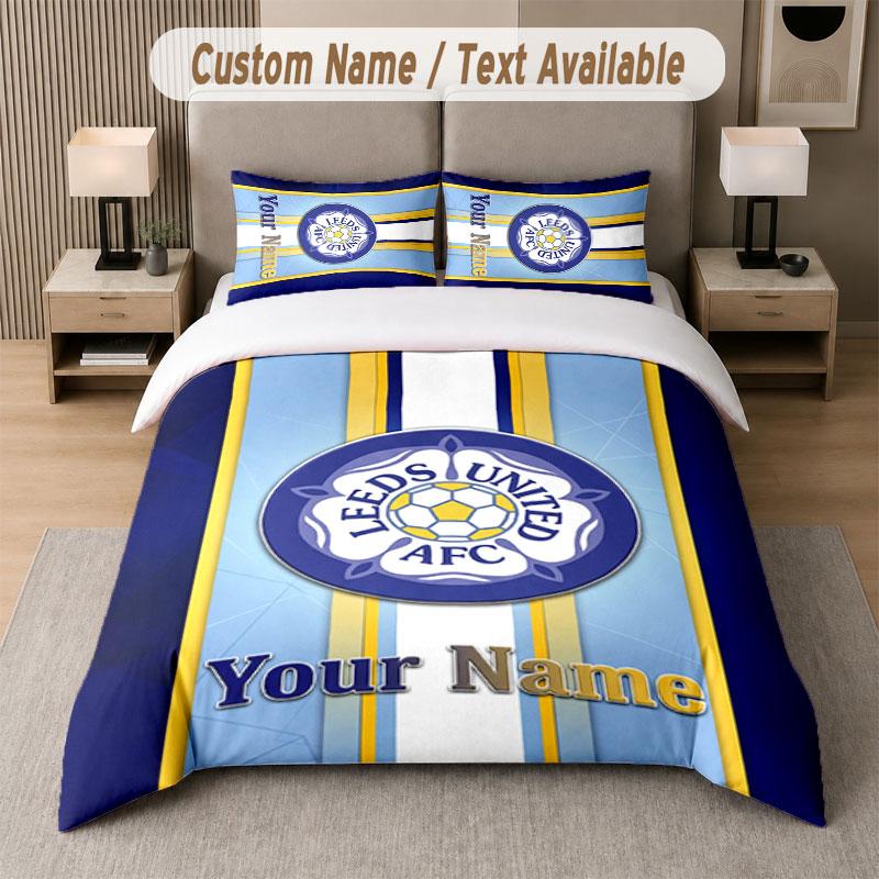 Ensemble de literie personnalisé Motif Leeds United, Impression Nom Texte 1 Housse de couette plus 2 Taies d'oreiller Textile de maison